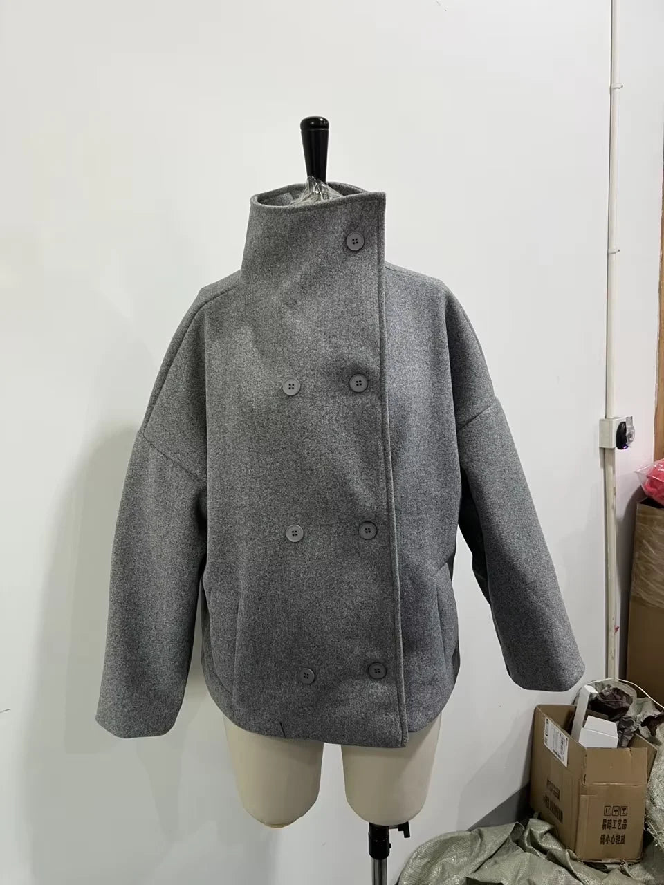 Classic Black High Neck Faux Wool Coats Women Chic Double Breasted Wide Sleeve Pocket Jackets Fall Winter Street Loose Outerwear