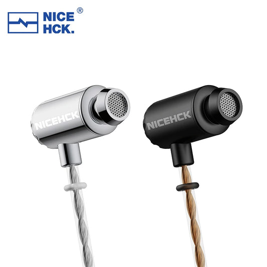 Two in-ear earphones shown on a white background: one metallic silver and one black, both with visible NICEHCK branding. The silver earphone has a white cable, and the black earphone has a tan cable.