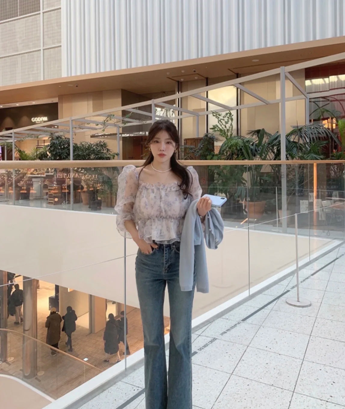Chic Spring Women's Blouse Gentle Shoulder Bared Floral Bubble Sleeve Chiffon Top Korean Style Loose Fit Long Sleeve Short Le...