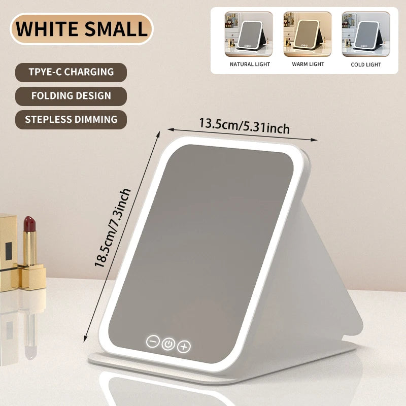 Foldable LED Makeup Mirror – 3 Light Colours, Dimmable Touch Control, Rechargeable