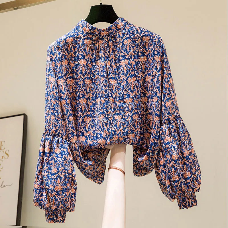 Floral Print Vintage Chiffon Stand Collar Lantern Sleeve Pullover Women's Blouse Shirt Casual Female Clothing Tops Fashion 2024