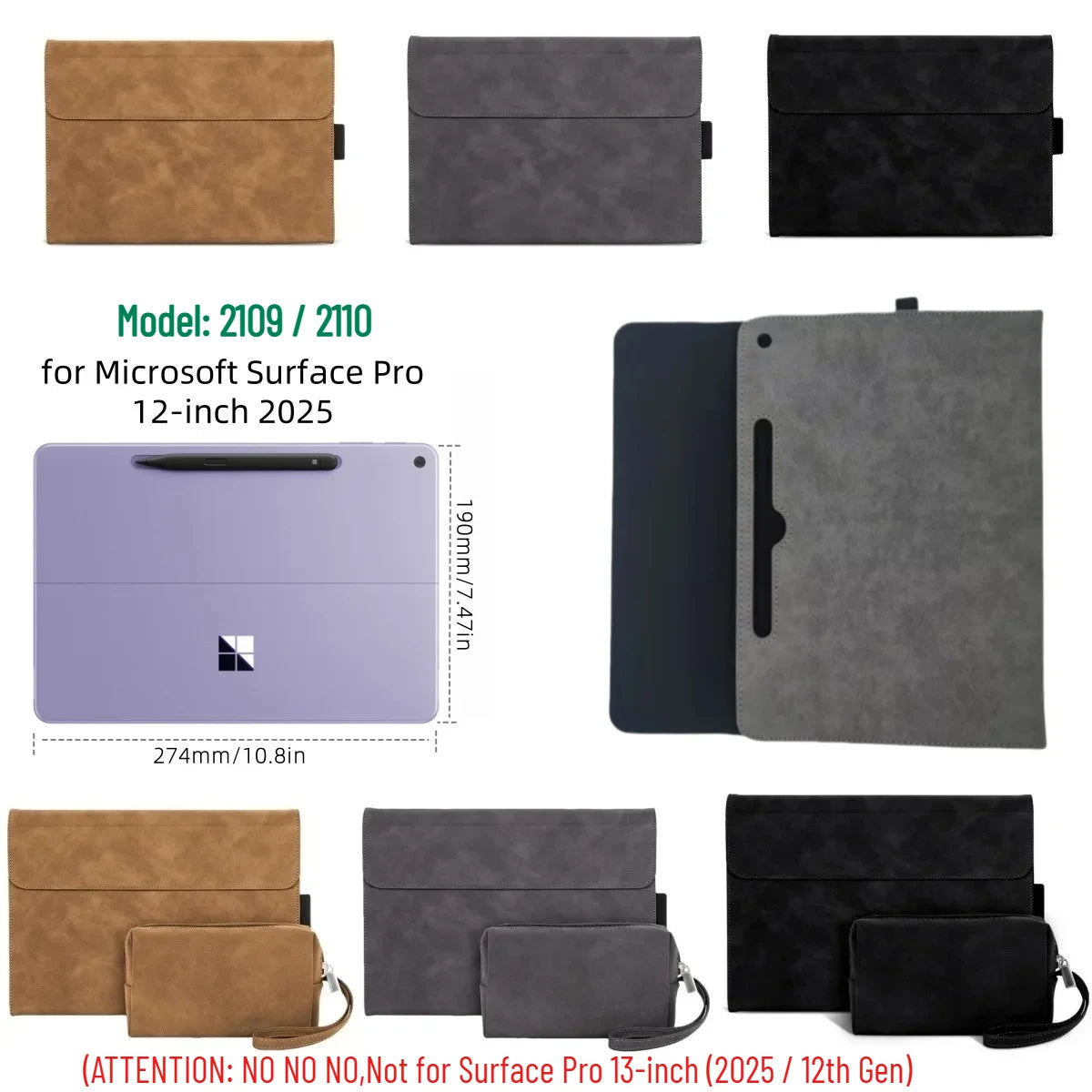 Case for Microsoft Surface Pro 12 Inch 2025 Portfolio Case Multiple Angle Stand Tpu Shell for Surface Pro 12" Model 2109/2110