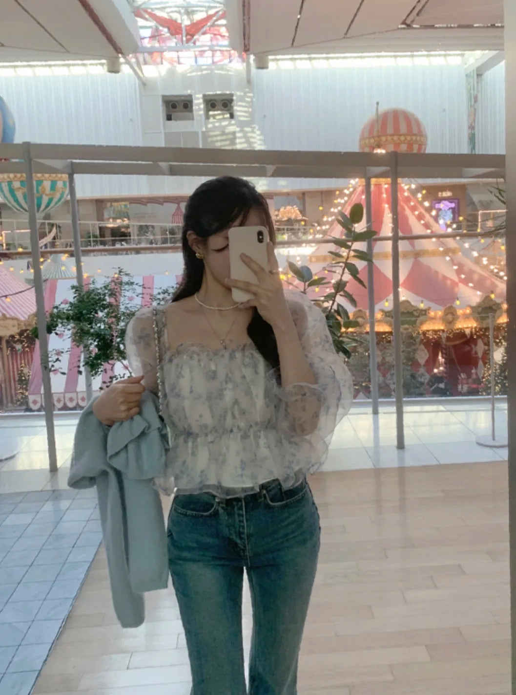 Chic Spring Women's Blouse Gentle Shoulder Bared Floral Bubble Sleeve Chiffon Top Korean Style Loose Fit Long Sleeve Short Le...
