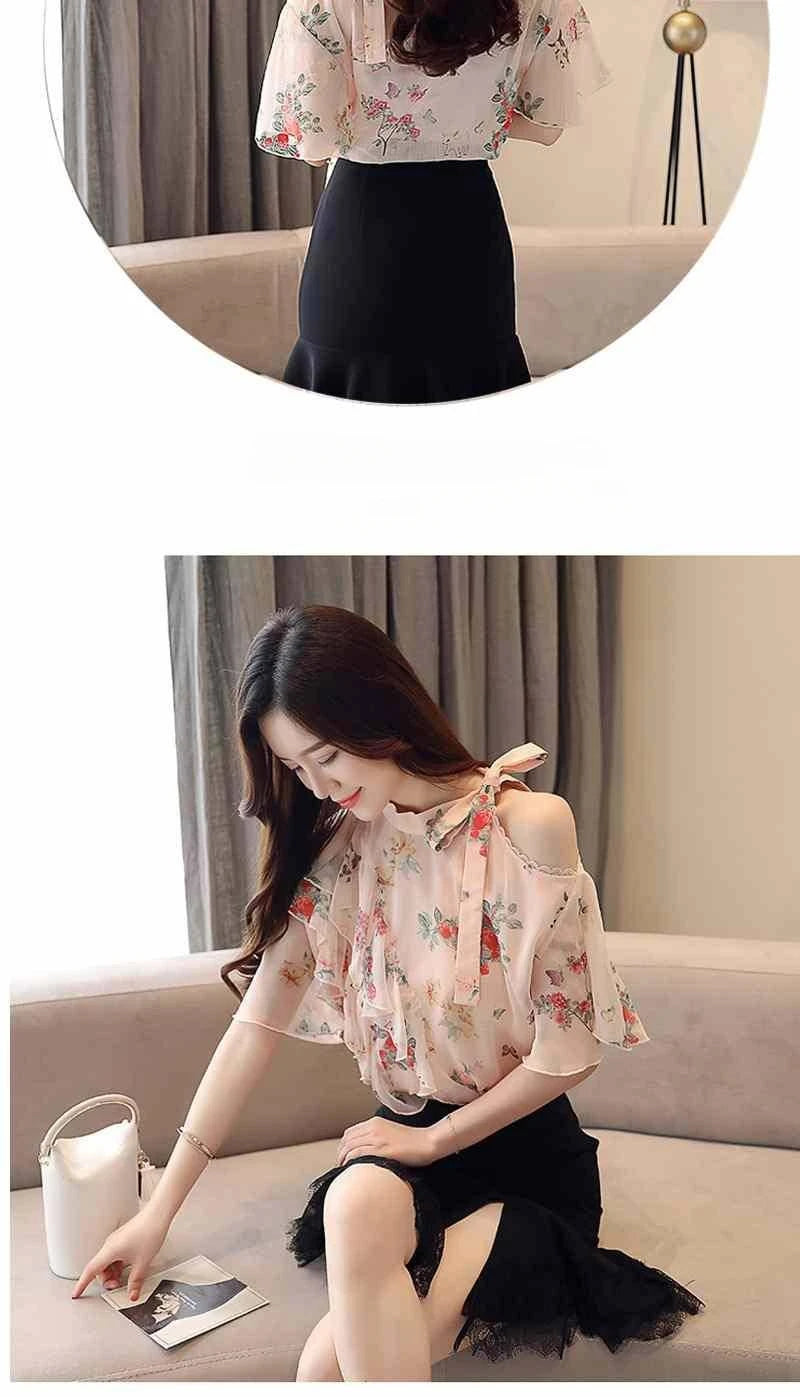 Chiffon Female Tops Floral with Puffy Sleeves Women's Shirt Blouse Modern Long Tall Elegant Luxury Korean Popular Clothes Pretty