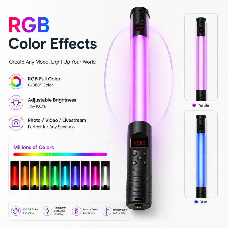 عصا إضاءة الفيديو المحمولة RGB – مصباح LED قابل لإعادة الشحن مع حامل ثلاثي اختياري