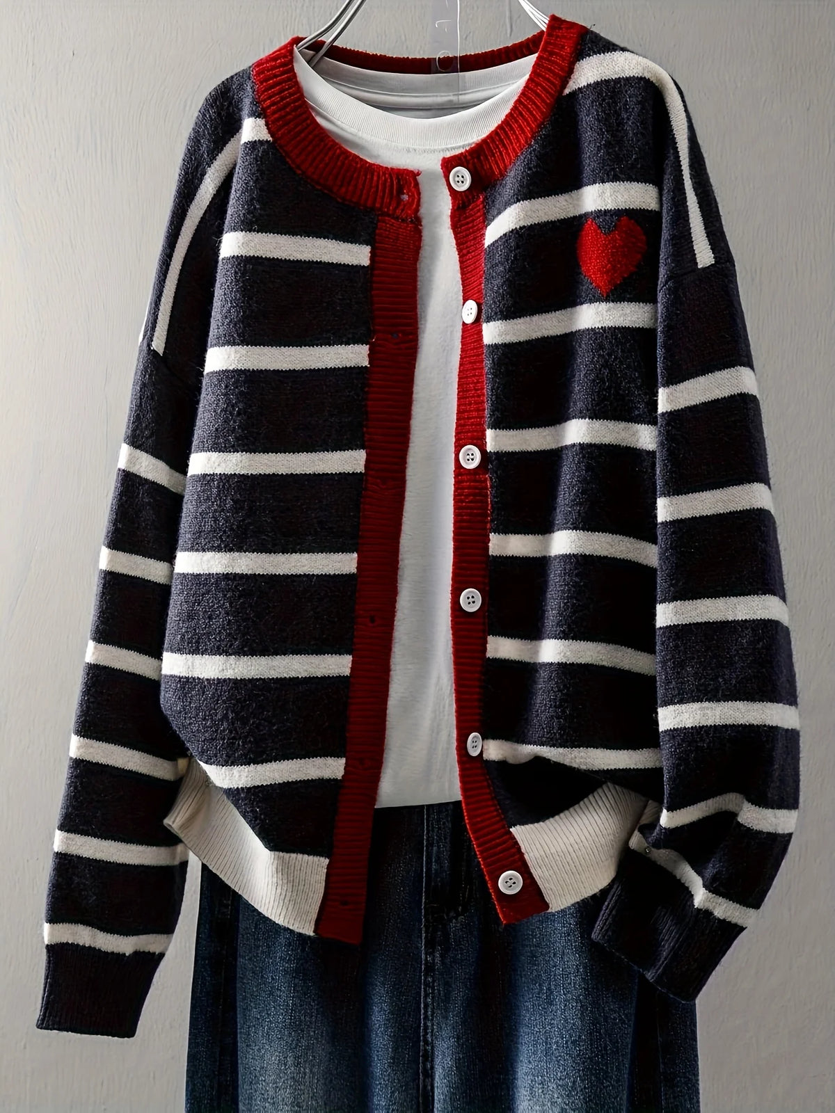 Women's Striped Button Front Cardigan, Cute Heart Pattern Knit Coat, Casual Fashion Outwear