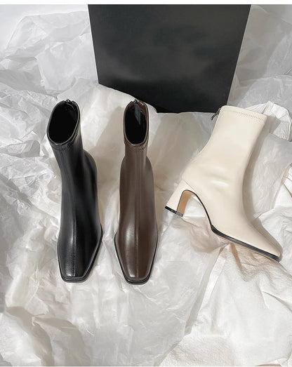Botines de mujer con punta cuadrada, cremallera y tacón de bloque