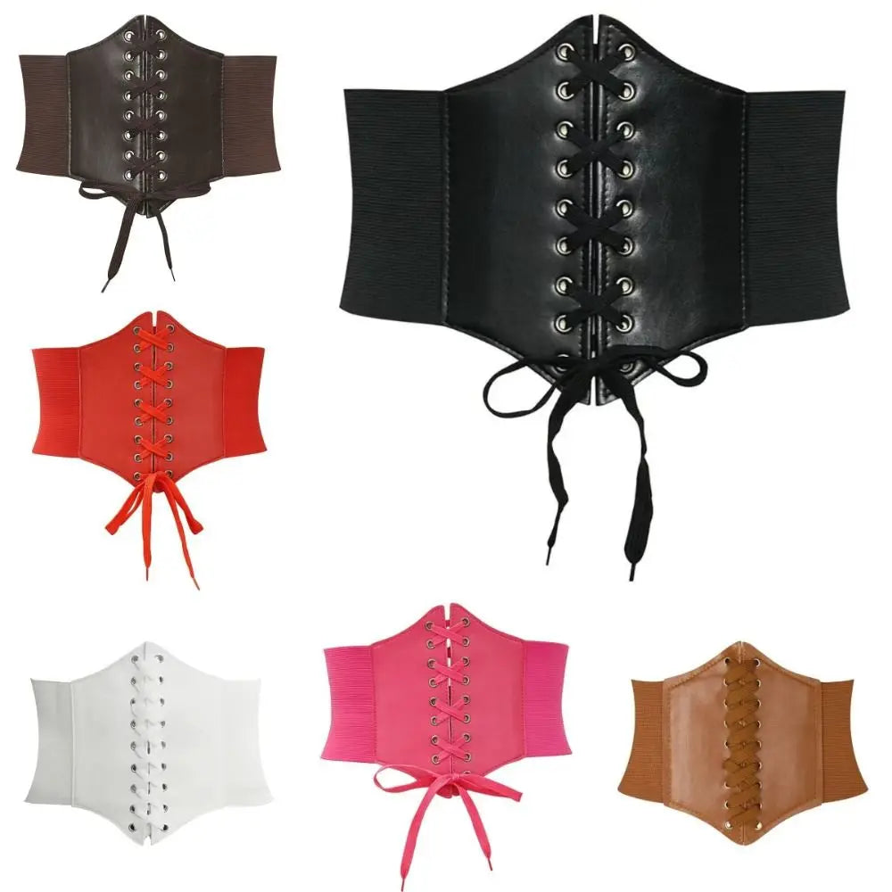 Women's Wide Elastic Corset Belt – Faux Leather Lace-Up Waist Belt