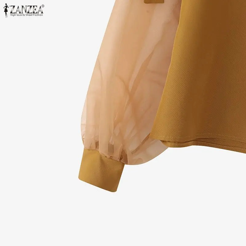 ZANZEA Elegant Bow Women Blouse 2025 Autumn Fashion Mesh Patchwork Long Lantern Sleeve Casual Tops Shirts Korean Ladies Blusas