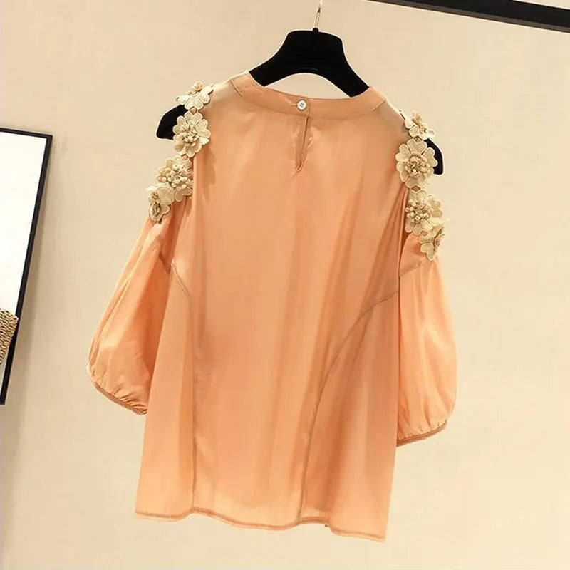 Flower Three-dimensional Decoration Raglan Sleeve O-Neck Pullover Women's Blouse Shirt Female Fashion Blouses Women Clothing