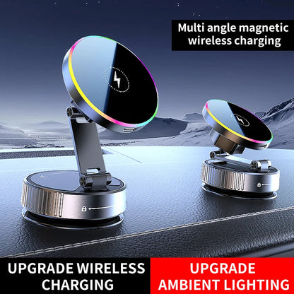 Cargador inalámbrico RGB de 15 W para coche y soporte de teléfono de 360°