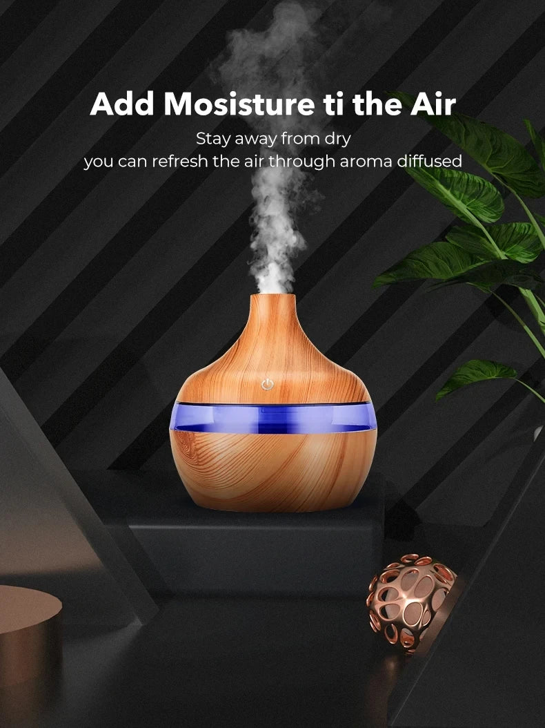 Humidificateur électrique diffuseur d'arômes en bois ultrasonique, humidificateur d'air diffuseur d'huiles essentielles brumisateur froid pour la maison 300 ml