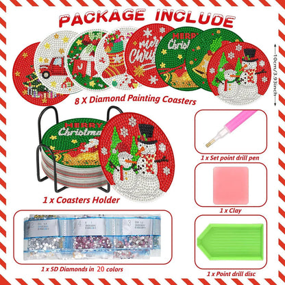 DIY Christmas Diamond Painting Coasters – Set of 8 with Holder