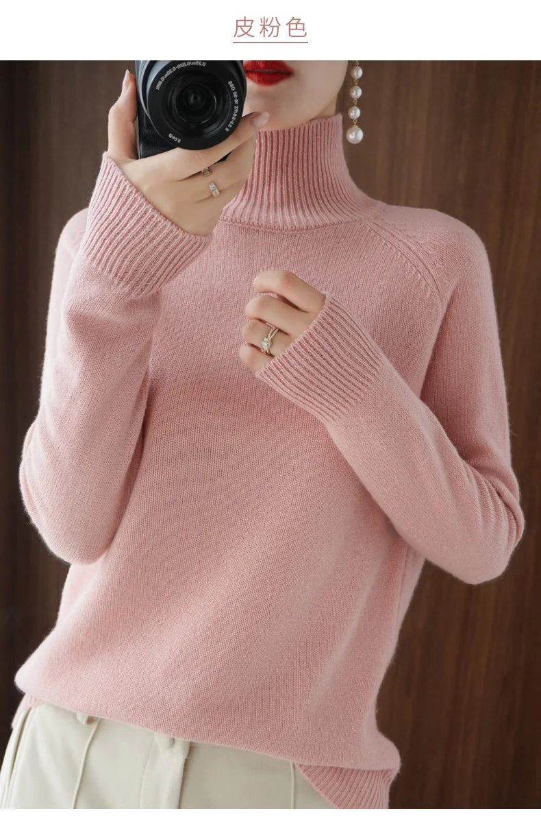Fashion Basic Autumn Winter Merino Wool Sweater Mock Neck Cashmere Pullover Solid Color Soft Long Sleeve Basic Clothing Tops