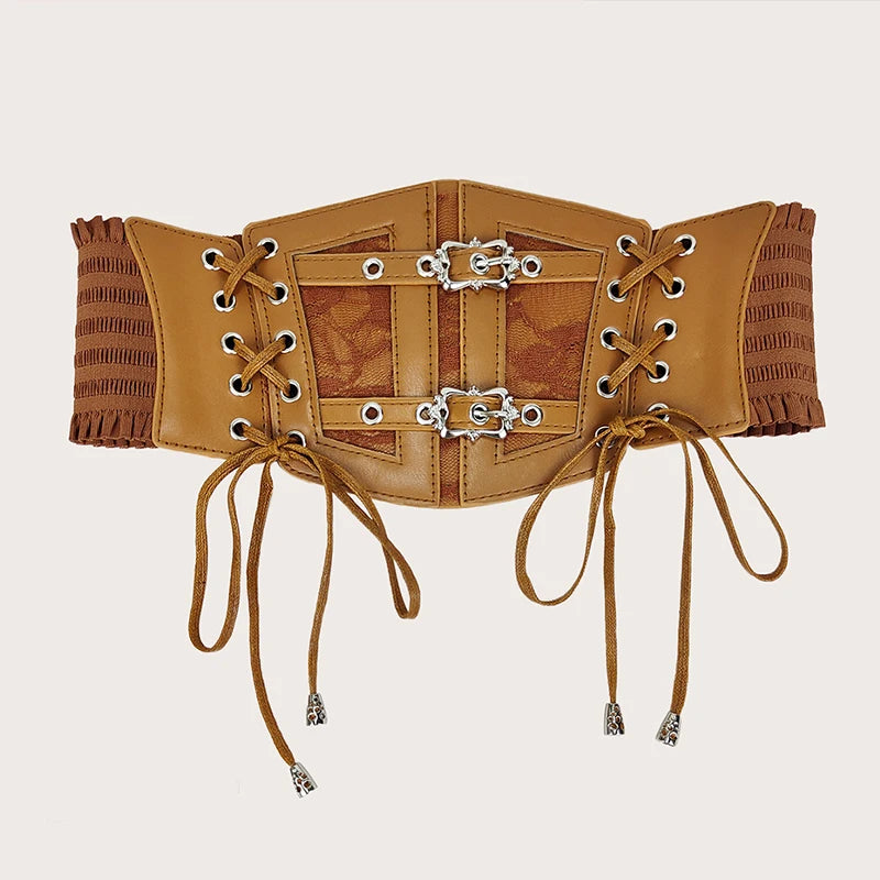 Lace-Up Corset Belt with Chain – Wide Faux Leather Waist Belt