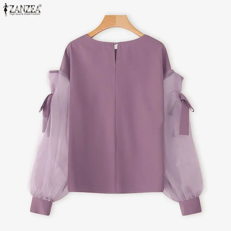 ZANZEA Elegant Bow Women Blouse 2025 Autumn Fashion Mesh Patchwork Long Lantern Sleeve Casual Tops Shirts Korean Ladies Blusas