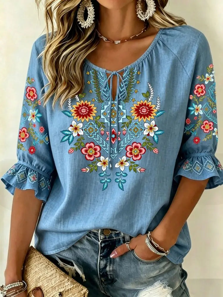 Women's Pink Floral Embroidered Tie Neck Blouse, Casual Loose Tops for Spring Summer Daily Wear & Vacation Occasions