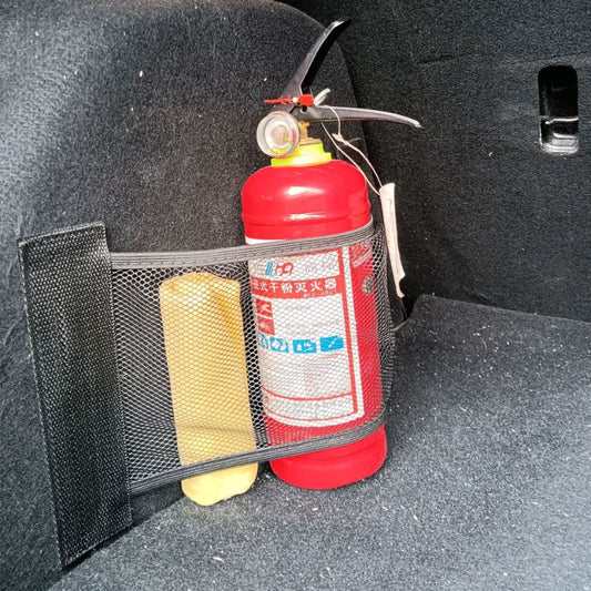 Car Interior Trunk Organizer – Elastic Mesh Fixed Straps, Seat Back Storage Net Bag & Extinguisher Holder