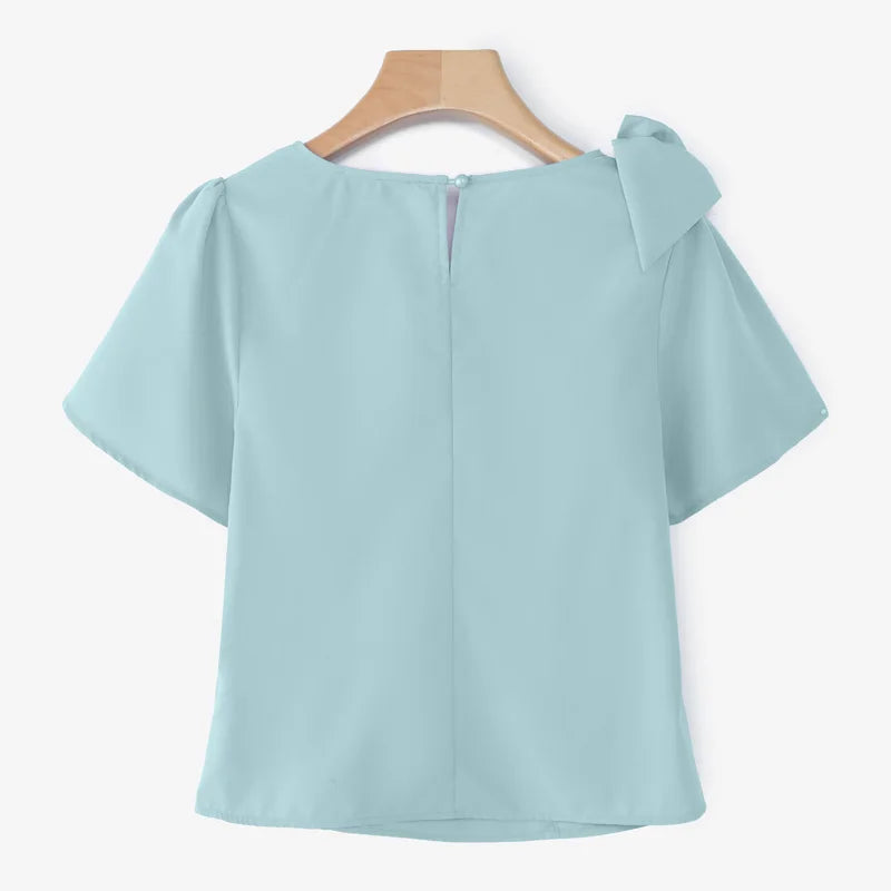 Women Blouse ZANZEA Elegant Office Lady Summer Short Puff Sleeve Bow Fashion Shirts 2025 Casual Solid Color Tops Tunic Blusas