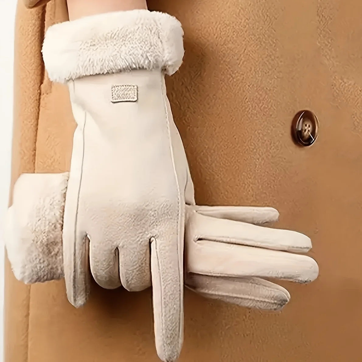 Unisex Beige Plush-Lined Touchscreen Gloves
