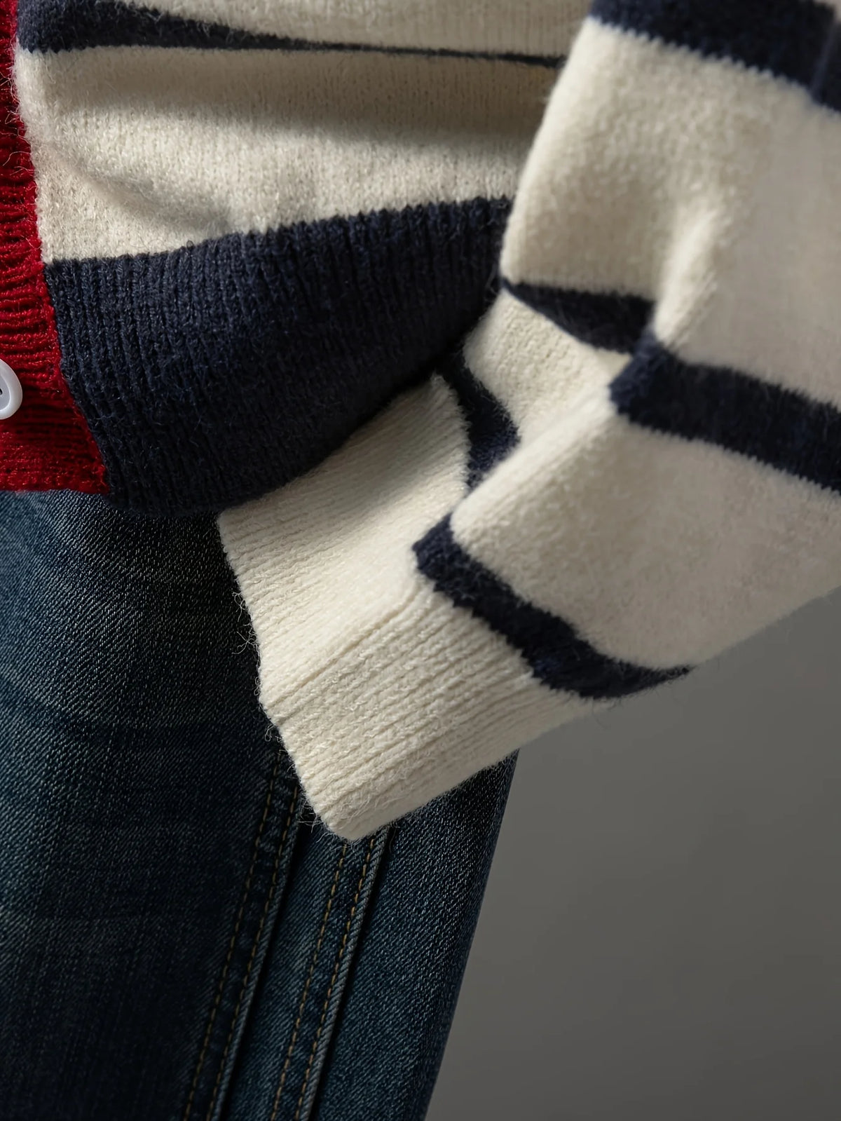 Women's Striped Button Front Cardigan, Cute Heart Pattern Knit Coat, Casual Fashion Outwear
