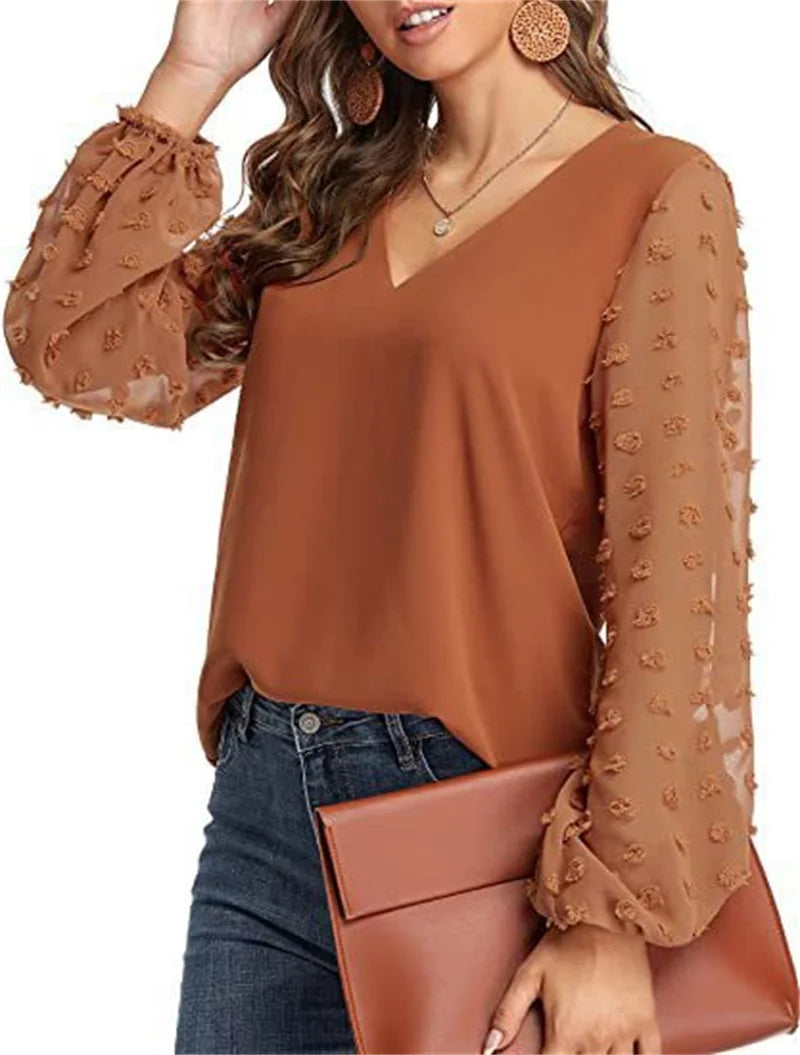 Elegant Chiffon Splicing Bubble Sleeve Blouse Female British Style Comfortable Commuter Shirt Women's V Neck Pullover Loose Tops