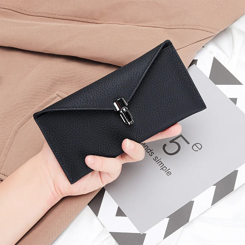 Genuine Leather Envelope Wallet for Women – Slim Long Clutch with Lock Clasp