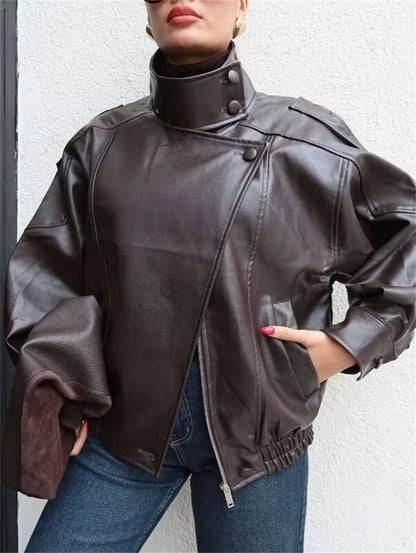 Chaqueta de cuero sintético con cremallera para mujer Guobioziy