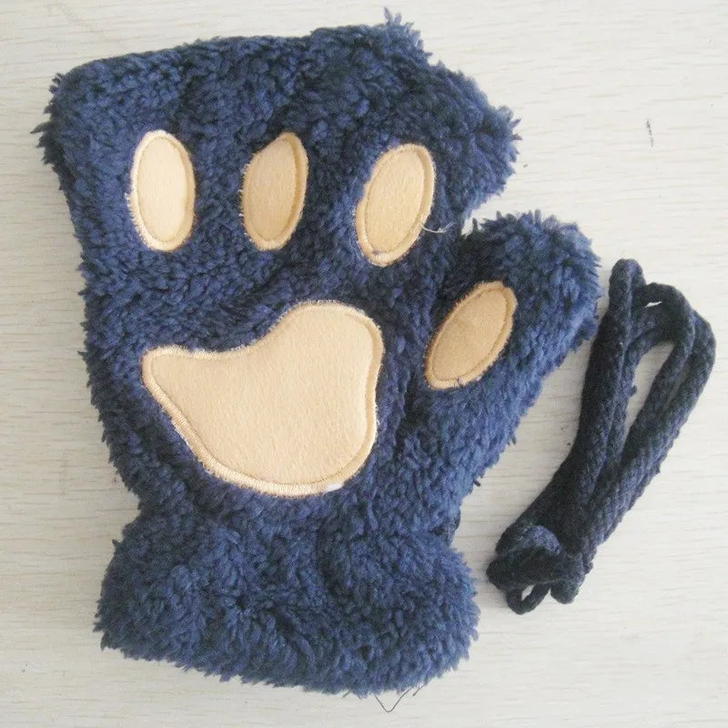 Women's Plush Cat Paw Fingerless Gloves