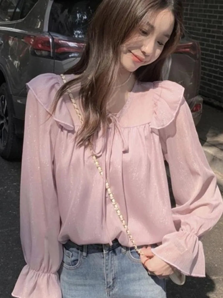V-Neck Lace-Trim Chiffon Blouse
