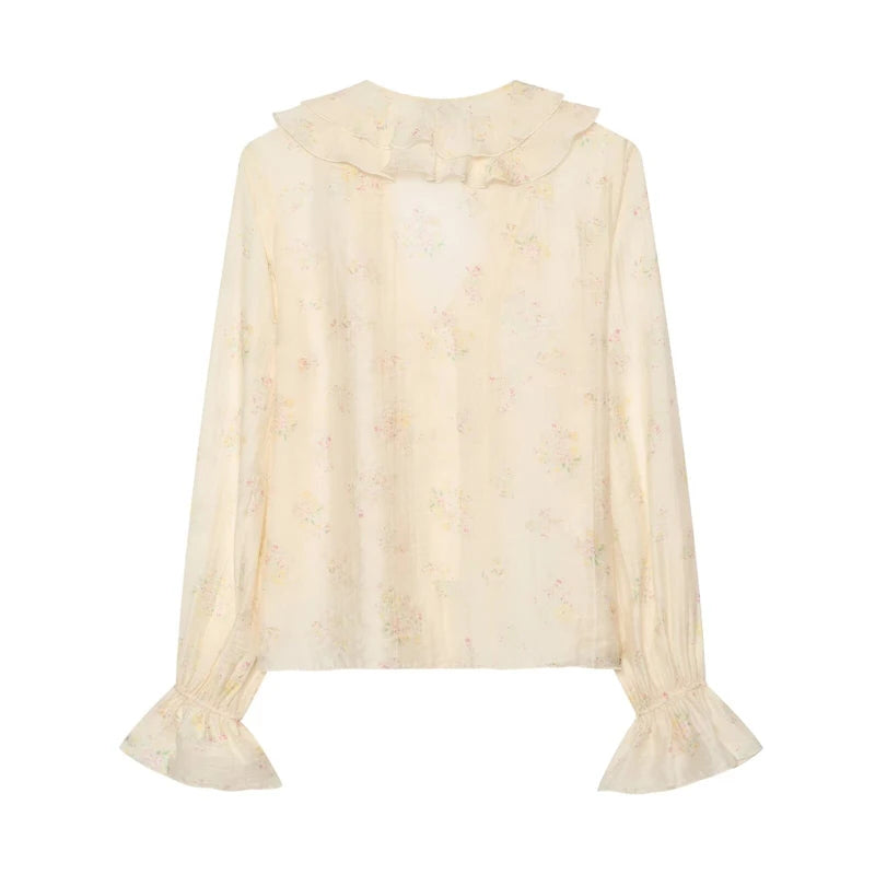 Guobioziy Elegant Women Floral Print Chiffon Blouse Ruffle Trim V‑Neck Flare Sleeve Top For Dating Office Daily Outfi