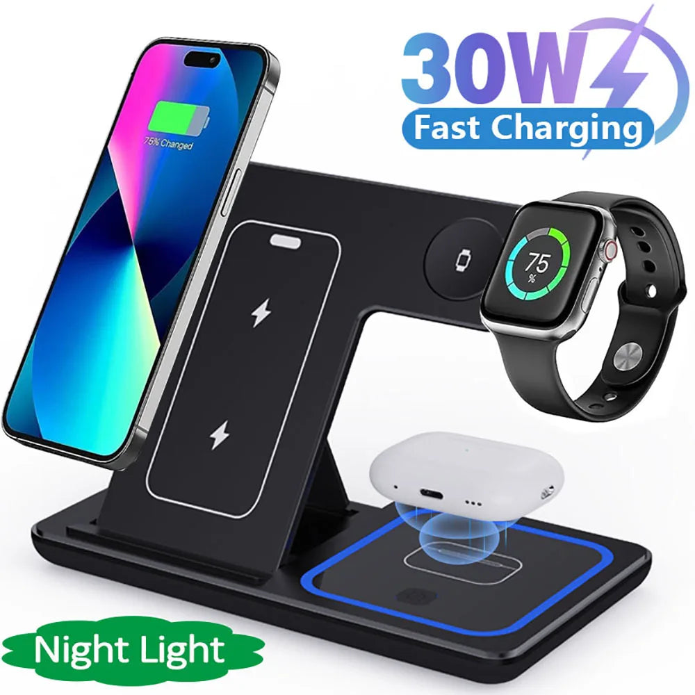 30W Foldable 3-in-1 Wireless Charging Stand with LED