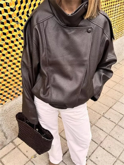 Chaqueta de cuero sintético con cremallera para mujer Guobioziy