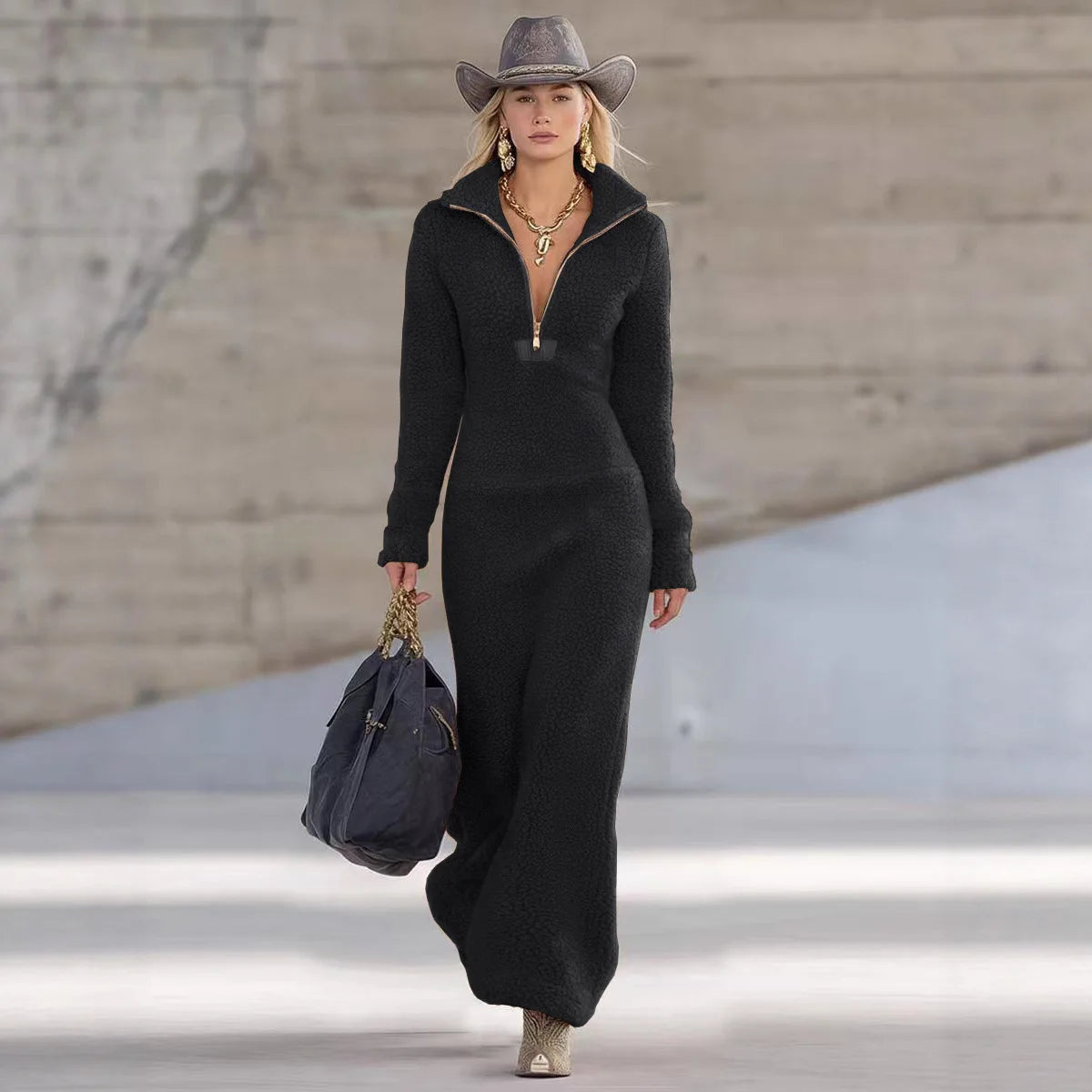 Women's V-Neck A-Line Midi Dress with Zip Detail