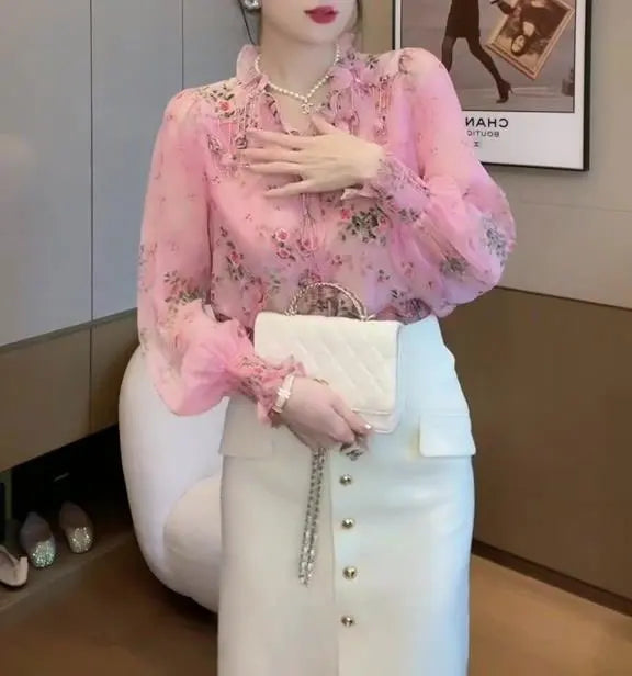 Korean Broken Flowers Printed Blouse Fashion Tassel Three-dimensional Decoration Female Clothing V-Neck Spring Drawstring Shirt