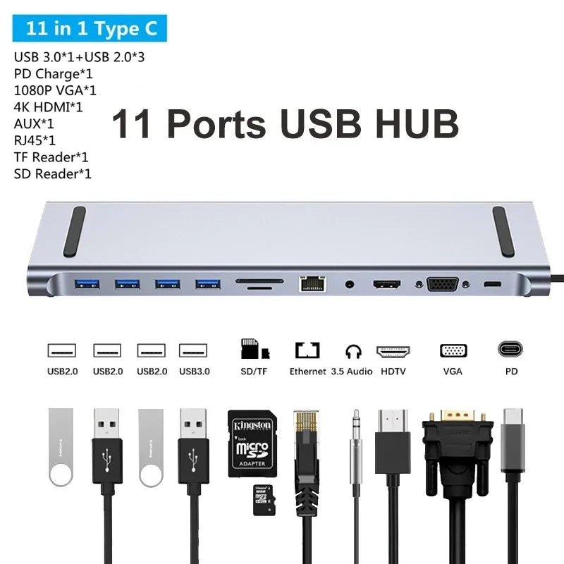 HUB USB C 3.0 Type C Splitter Multi 4K HDMI Monitor RJ45 Ethernet PD Power Adapter Docking Station  Laptop Splitter For Macbook