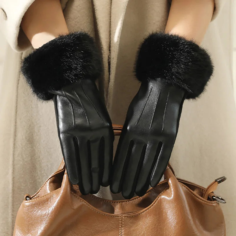 Women's Faux Fur Trim Faux Leather Gloves – Thermal-Lined, Windproof