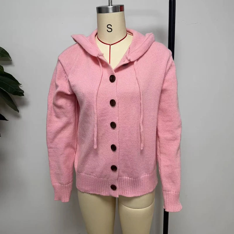 New Casual Hoodeis Sweater Women Fashion Knitted Sweater Cardigan Women Autumn Winter Solid Color Loose Button Jacket Women Coat