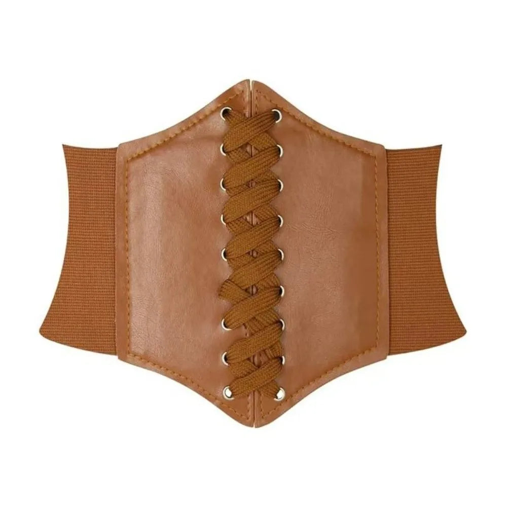 Women's Wide Elastic Corset Belt – Faux Leather Lace-Up Waist Belt