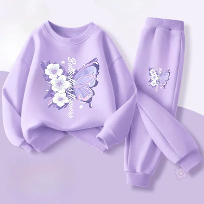 Mädchen-Set aus Kapuzenpullover und Hose mit Schmetterlingsdruck – 2-teiliger Frühlings-Trainingsanzug, Größen 100–150