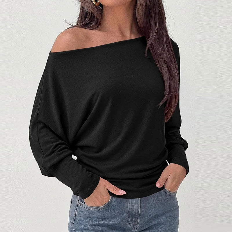 Elegant Off Shoulder Women T-Shirts Solid Color Long Sleeve Shirts For Women Spring Autumn Loose Pullover Lady Basic Tops