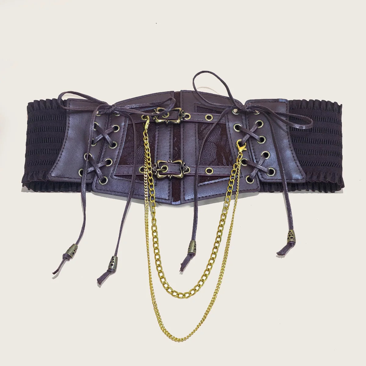 Lace-Up Corset Belt with Chain – Wide Faux Leather Waist Belt