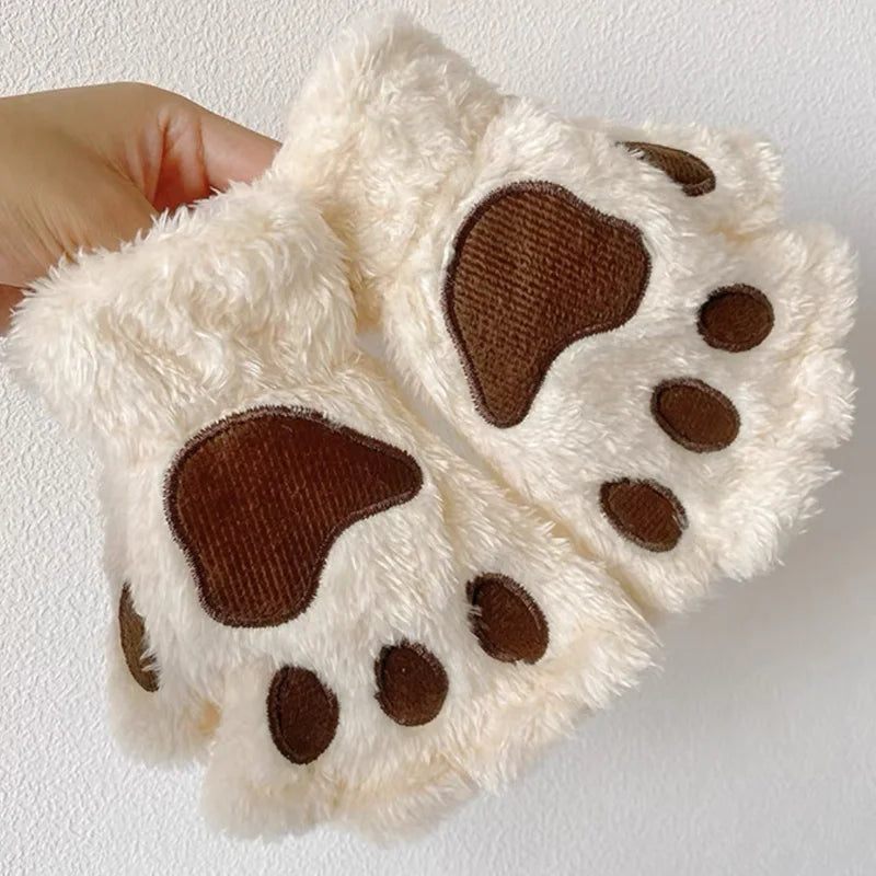 Women's Plush Cat Paw Fingerless Gloves