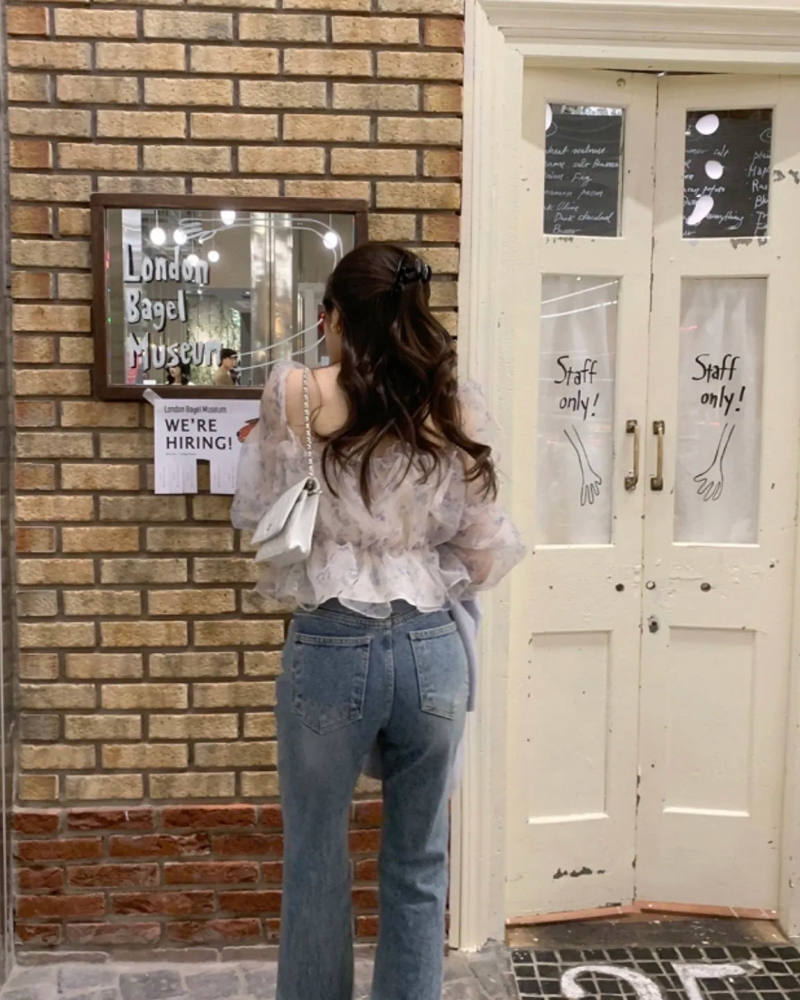 Chic Spring Women's Blouse Gentle Shoulder Bared Floral Bubble Sleeve Chiffon Top Korean Style Loose Fit Long Sleeve Short Le...