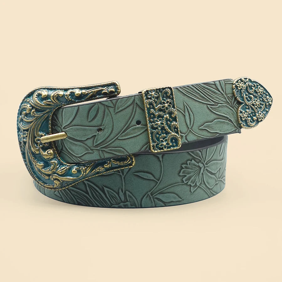 Women's Vintage Carved Leaf Belt – Faux Leather, Army Green