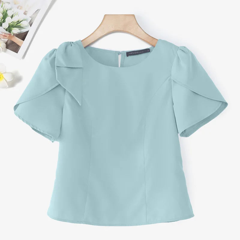 Women Blouse ZANZEA Elegant Office Lady Summer Short Puff Sleeve Bow Fashion Shirts 2025 Casual Solid Color Tops Tunic Blusas