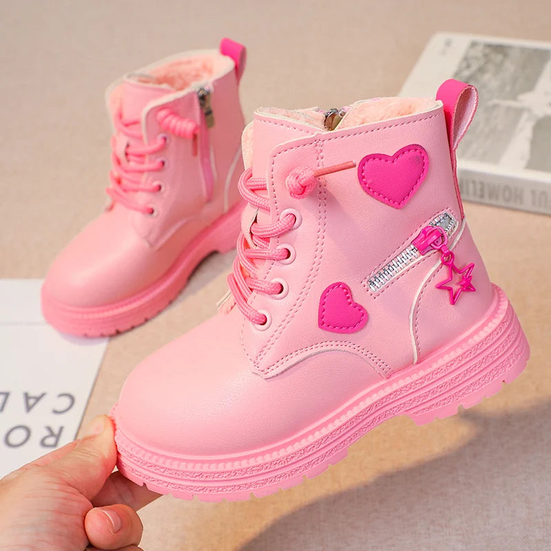Black/pink Girls Leather Boots Velvet with Anti Slip Low Cut Side Zipper Winter Outdoor Girls Fashion Single Boot