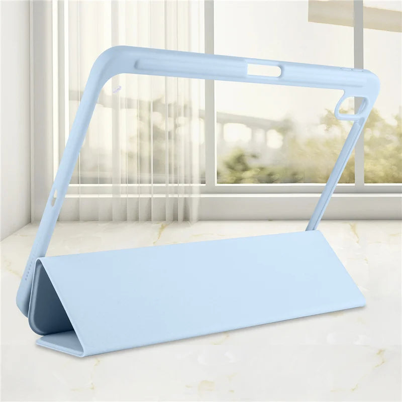 Light blue stand on a white surface with a blurred window background