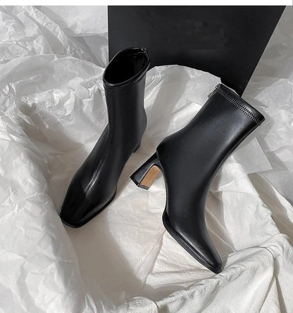 Botines de mujer con punta cuadrada, cremallera y tacón de bloque