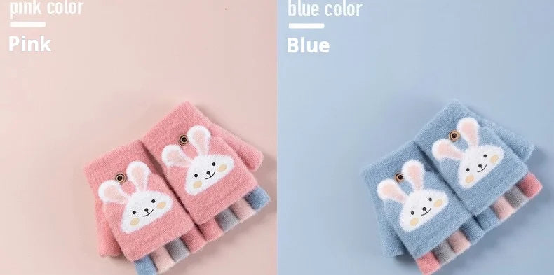 Kids' Bunny Flip-Top Knit Gloves – Half-Finger Mittens (Ages 4–11)